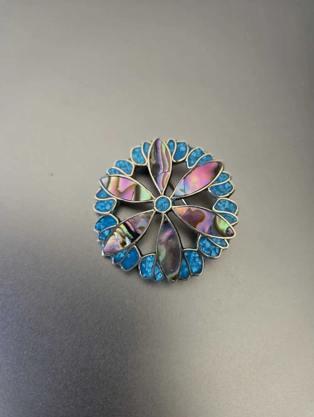 Vintage Mexico Abalone Pin Brooch Pendant Sterling Silver Flower
